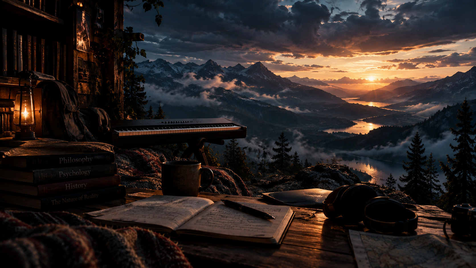 A lantern-lit desk overlooking a mountain range at sunset, stacked with books on philosophy, psychology, and history, a notebook, and a keyboard.